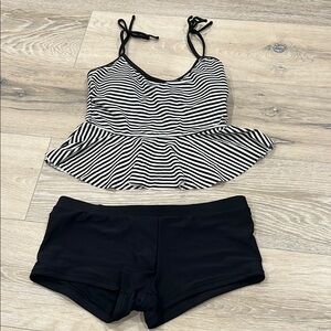 SO Black and White Striped Peplum Tankini with Black Swim Shorts